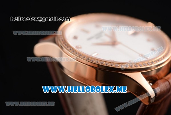 Patek Philippe Calatrava Miyota 9015 Automatic Rose Gold Case with White Dial Brown Leather Strap and Diamonds Markers Diamonds Bezel - Click Image to Close